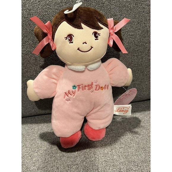 Linzy Baby Embroidered My First Doll Plush Brown Hair Pink Bows Plush Toy New - Picture 1 of 4